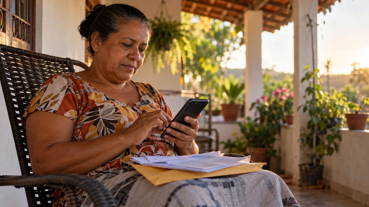 Aposentada conferindo o contracheque pelo celular
