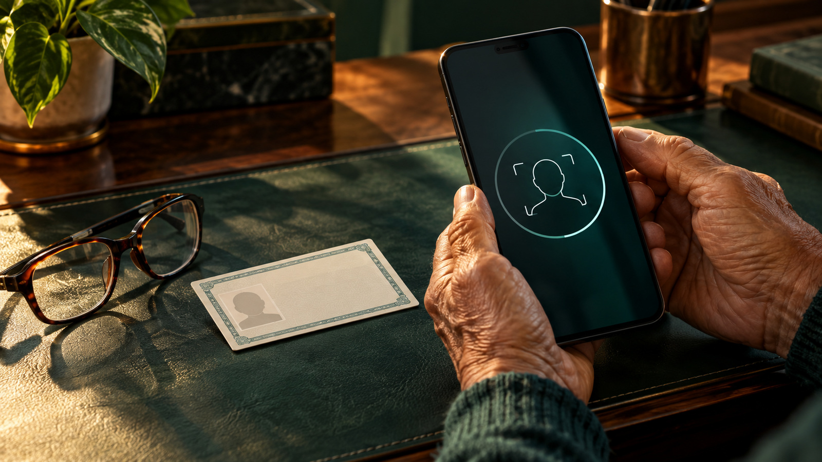 Mãos de uma pessoa idosa seguram um celular ao lado de cartão genérico e óculos.