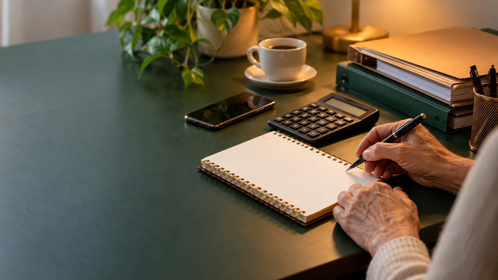 Mãos de uma pessoa organizam anotações em um caderno sobre uma mesa.