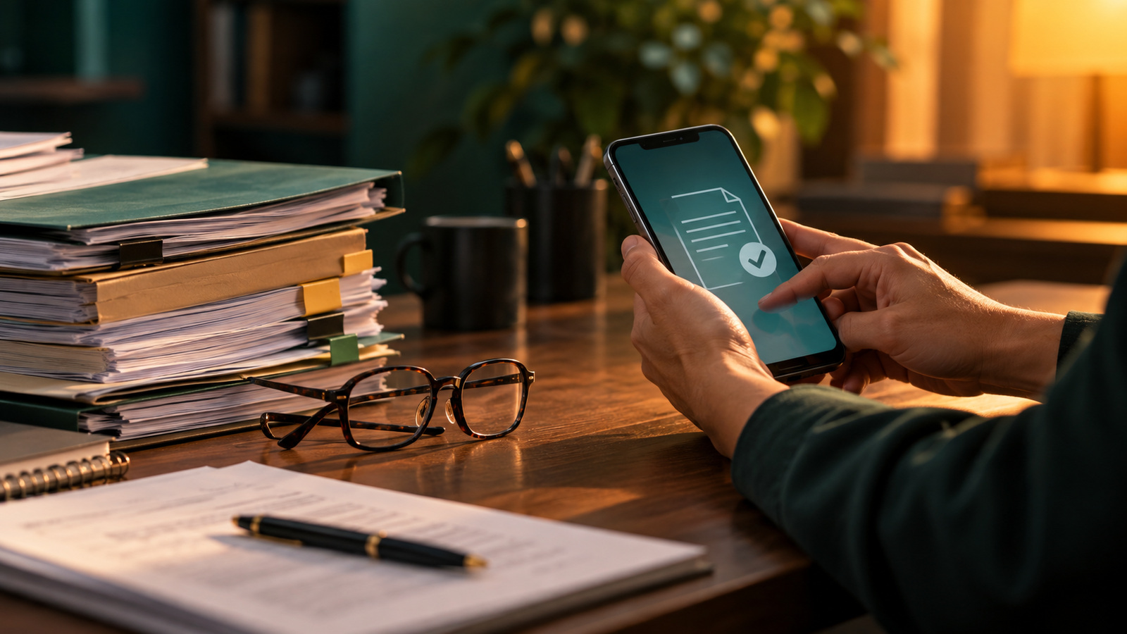 Pessoa consulta o celular ao lado de documentos e óculos.